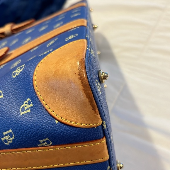 Dooney & Bourke Blue Tan Monogram Satchel Purse Double Handle - Picture 9 of 14